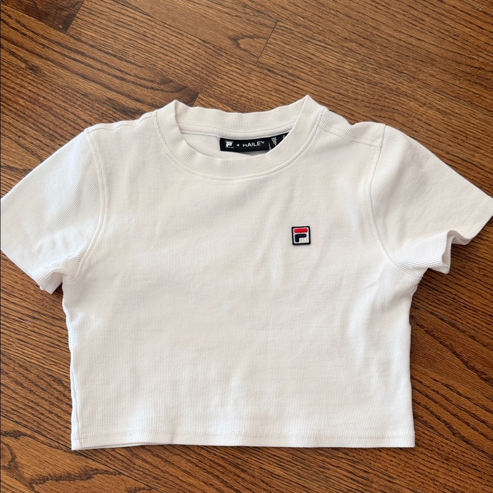 Fila White Short Sleeve Cropped Tee with Small Logo Patch